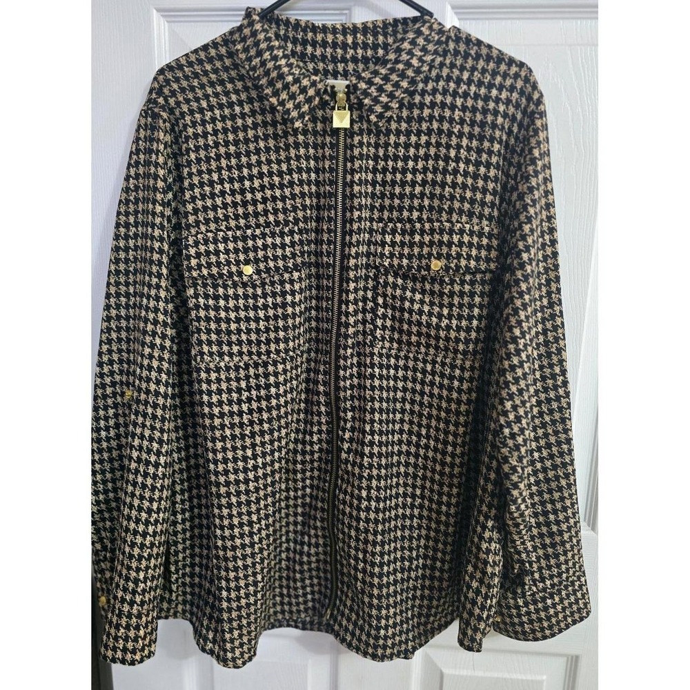 MICHAEL Michael Kors Houndstooth Zip Front Shirt Jacket Gold Hardware Plus 2X